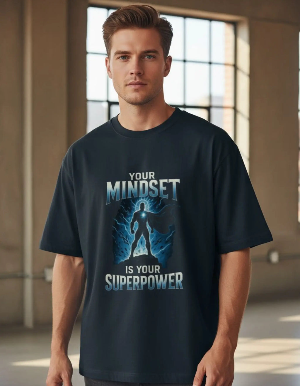 Man wearing a black t-shirt with motivational quote and superhero graphic