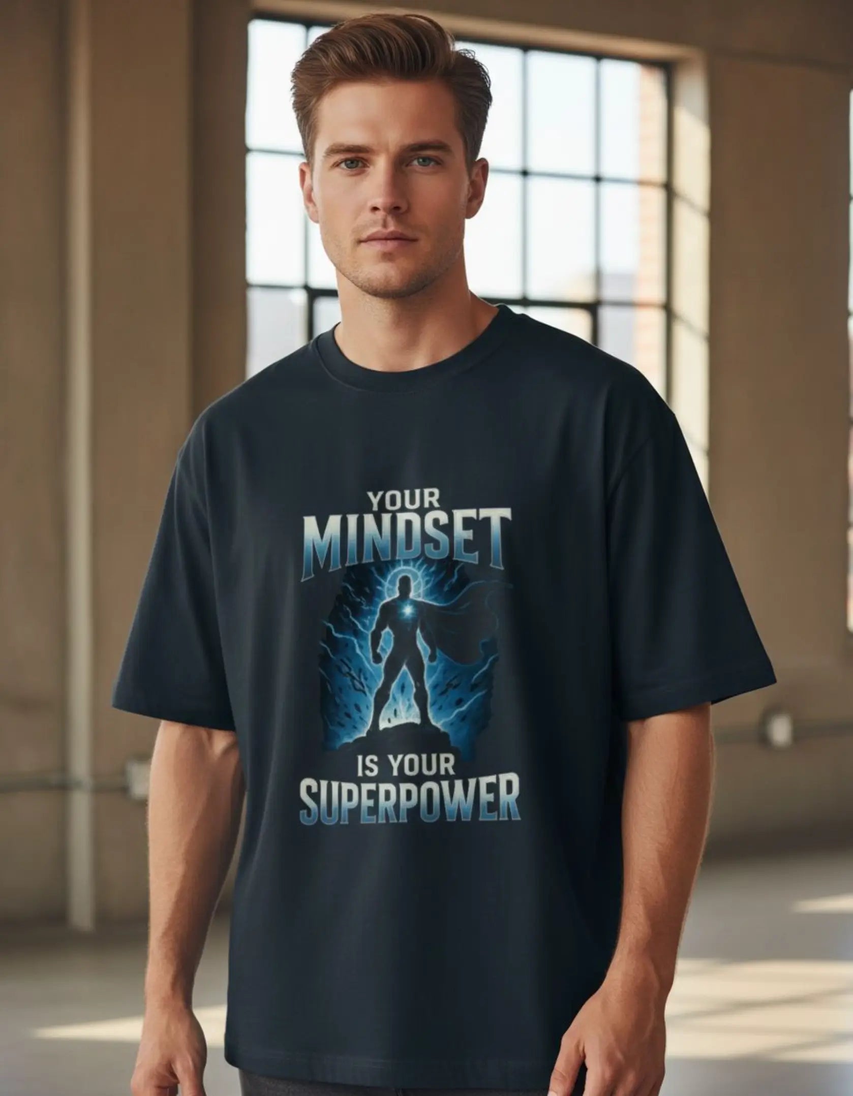 Man wearing a black t-shirt with motivational quote and superhero graphic