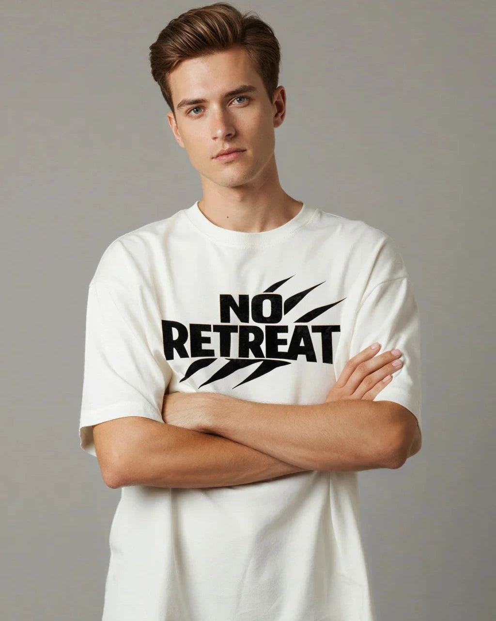Man wearing a white t-shirt with 'NO RETREAT' text on a gray background